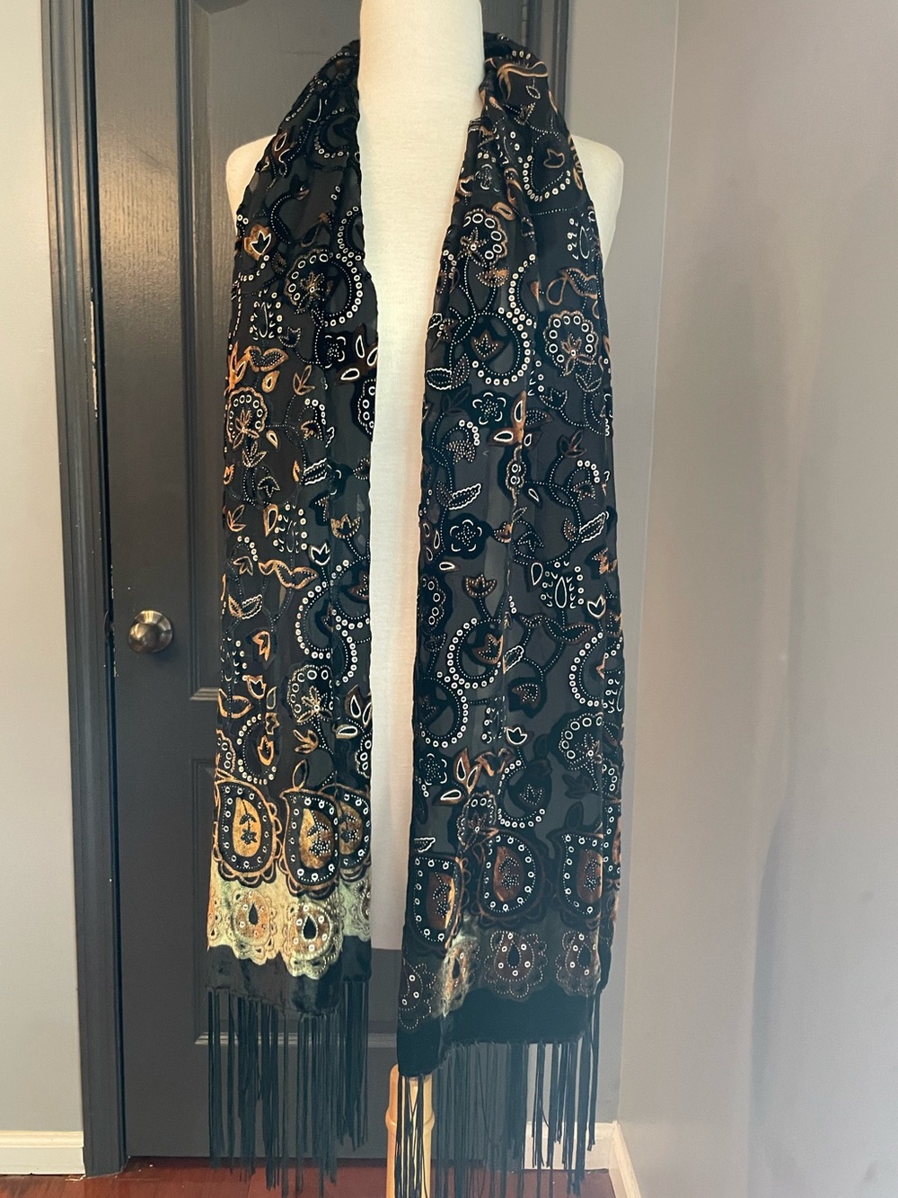 Vintage Black Burnout Velvet Paisley Embroidered Fringe Wrap Scarf